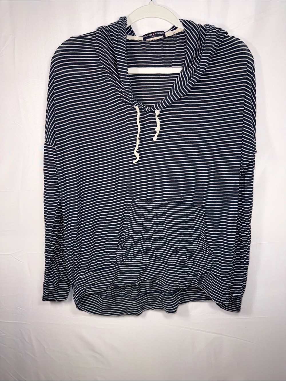 Brandy Melville Women Navy/White Striped Hooded  Lightweight Pullover